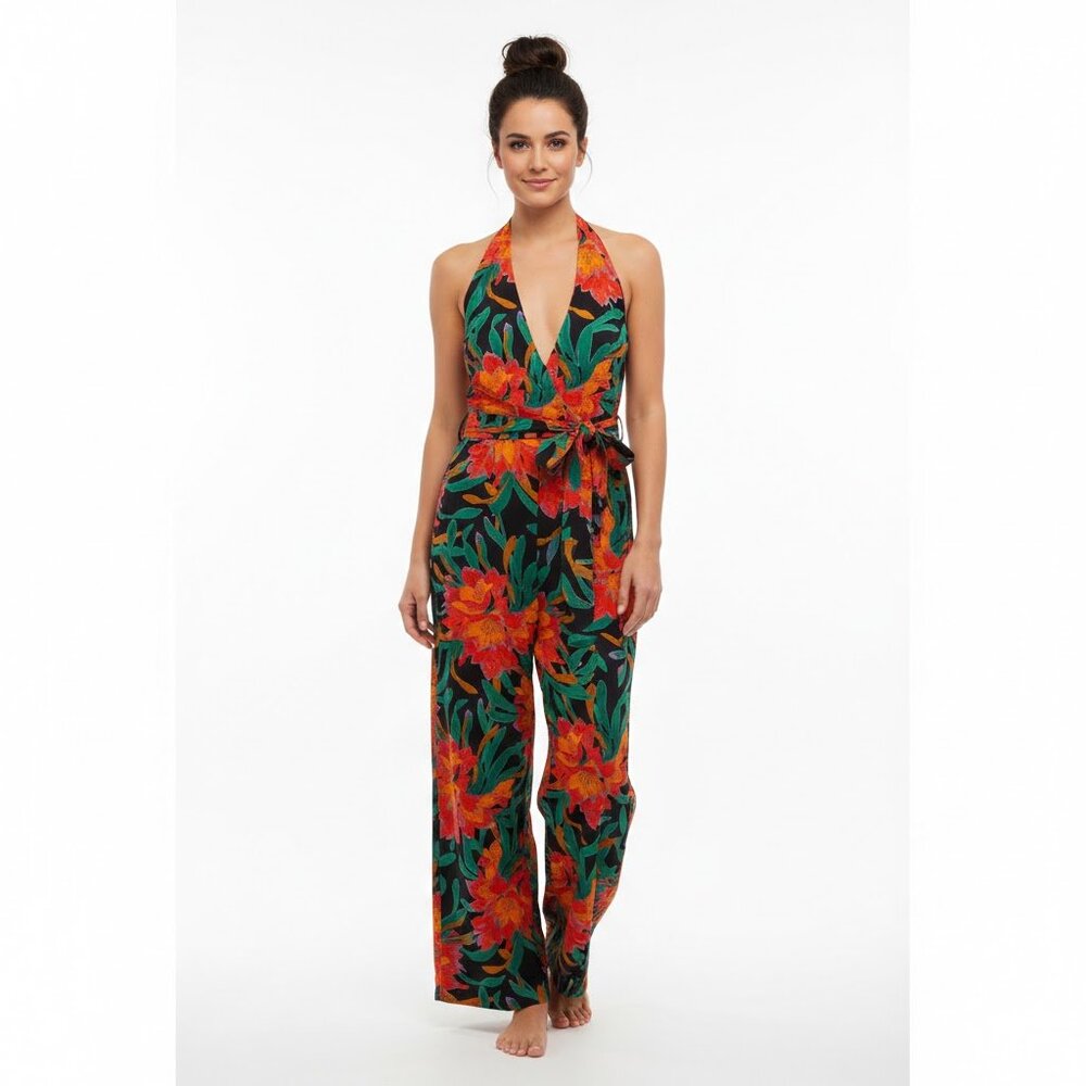 Mango MNG floral print halter neck jumpsuit with belt NEW